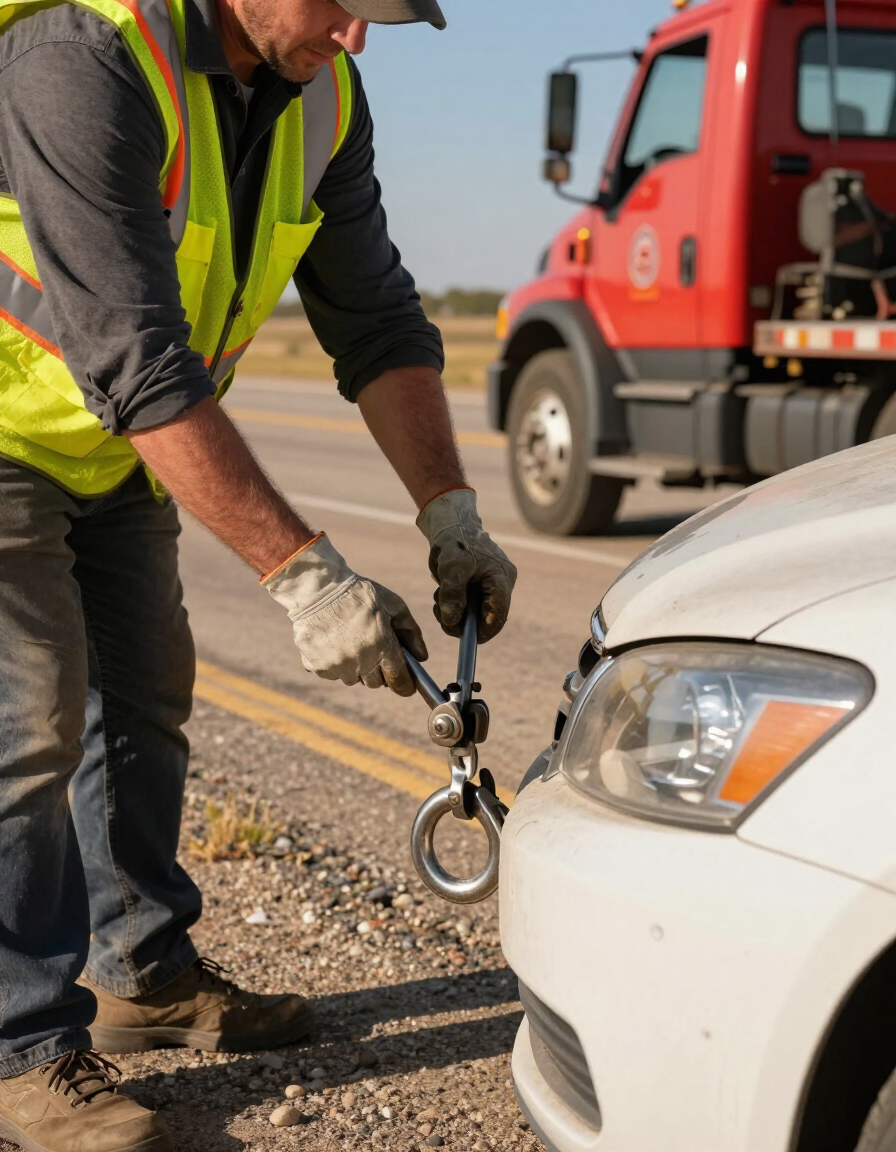Professional tow truck operator attaching tow hook to stranded vehicle on a Texas road