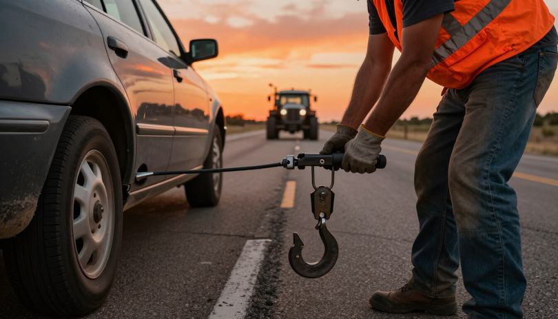 Tow truck operator in orange vest hooks a chain to a car on a roadside at sunset