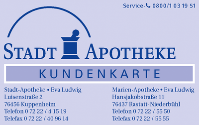 A blue and white sign for stadt apotheke kundenkarte