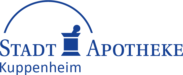 A blue and white logo for stadt apotheke koppenheim
