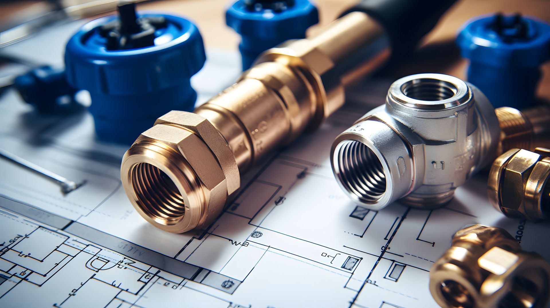 Brass and steel plumbing fittings and blue valves resting on a technical construction drawing.