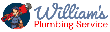 Logo for William's Plumbing Service featuring a cartoon plumber carrying a large red pipe wrench.