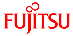 Fujitsu logo in red, featuring infinity symbol over the