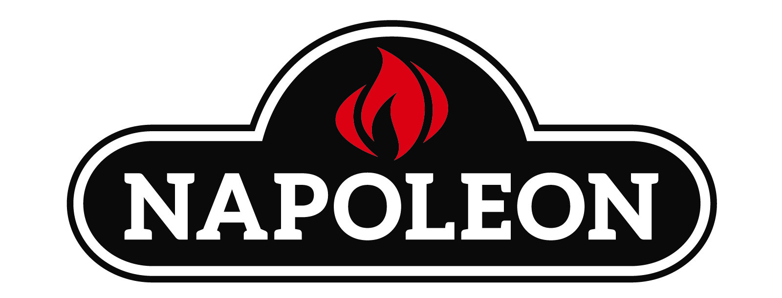 Napoleon logo: Black and white oval with red flame icon and text