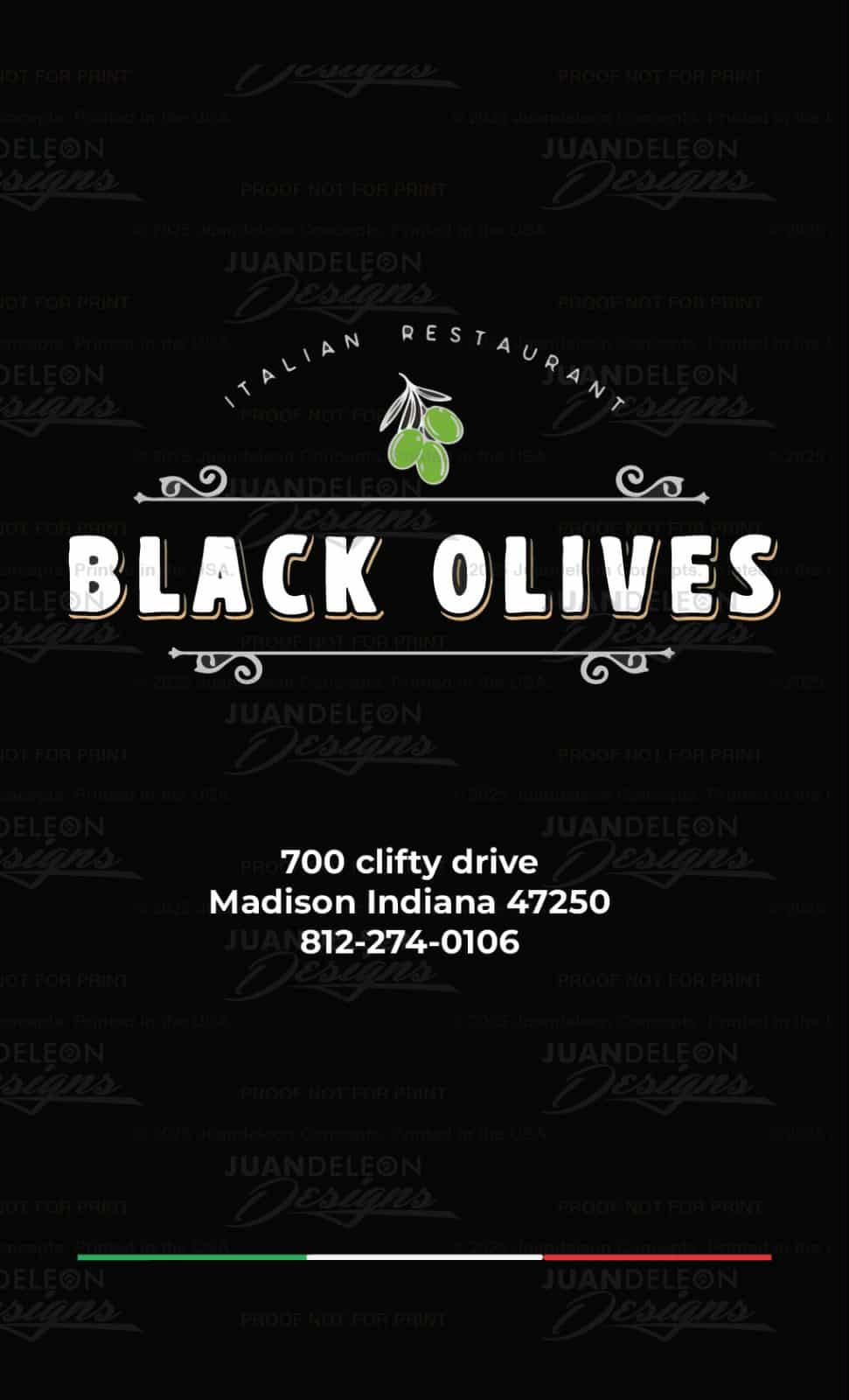Black Olives Italian Restaurant logo on black background; contact info below with Italian flag line.