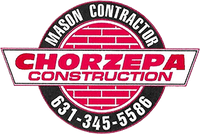 Chorzepa Construction mason contractor logo with brick circle, red and black text, and phone number 631-345-5586