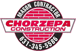 Chorzepa Construction mason contractor logo with brick circle, red and black text, and phone number 631-345-5586