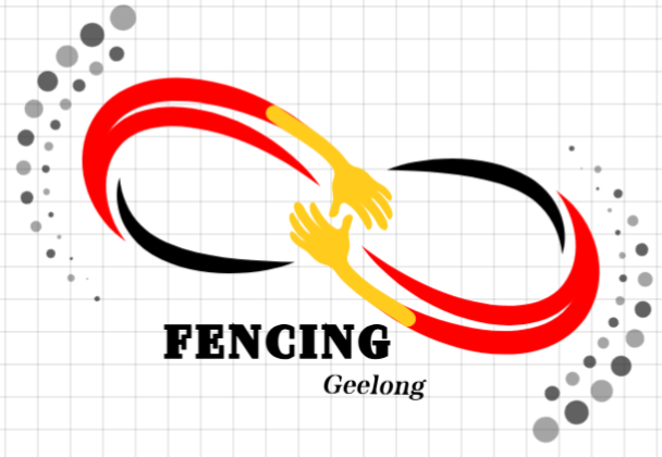 Logo for Fencing Geelong: intertwined red and black arcs forming an infinity symbol with yellow hands clasped in the center.