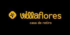 Logotipo amarillo de la casa de retiros Villaflores sobre fondo negro.