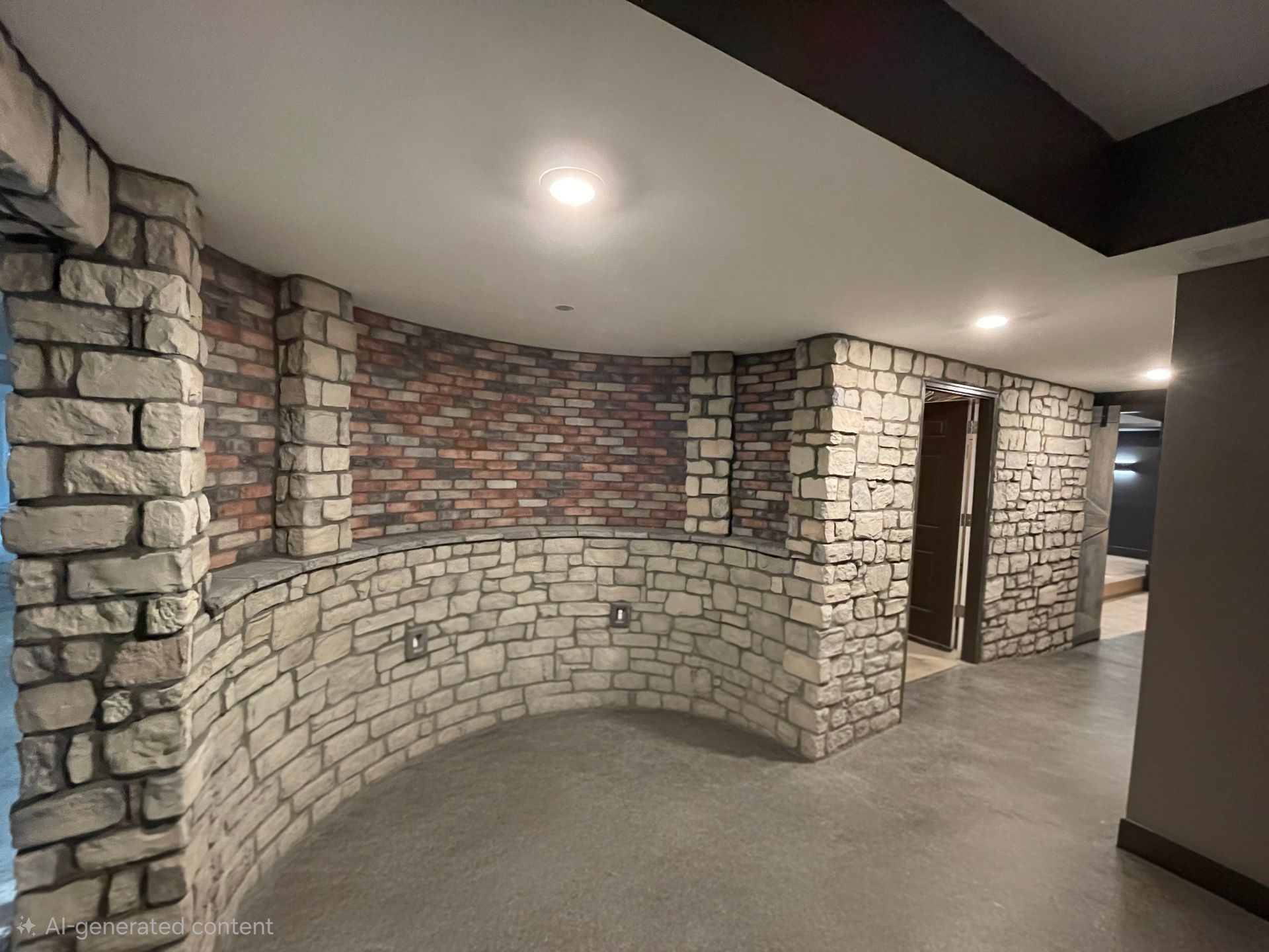 Curved stone-and-brick hallway with white ceiling and gray floor, lit by a round ceiling light