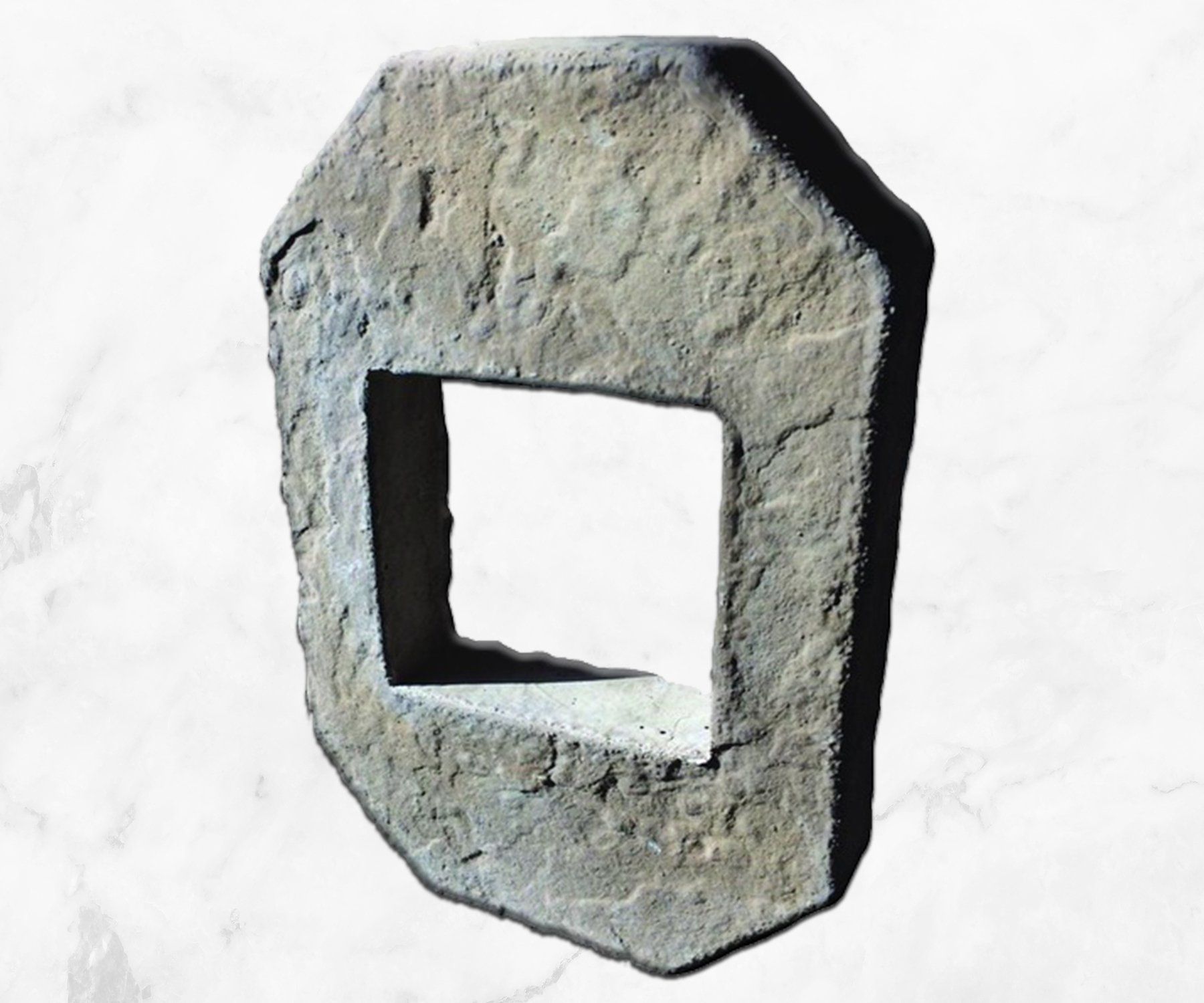 Rough gray stone frame with a square opening, isolated on a white background
