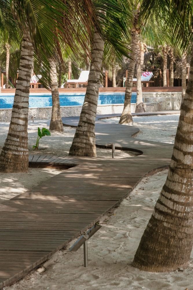 Wooden boardwalk curving through a sandy beach, past palm trees toward a swimming pool.