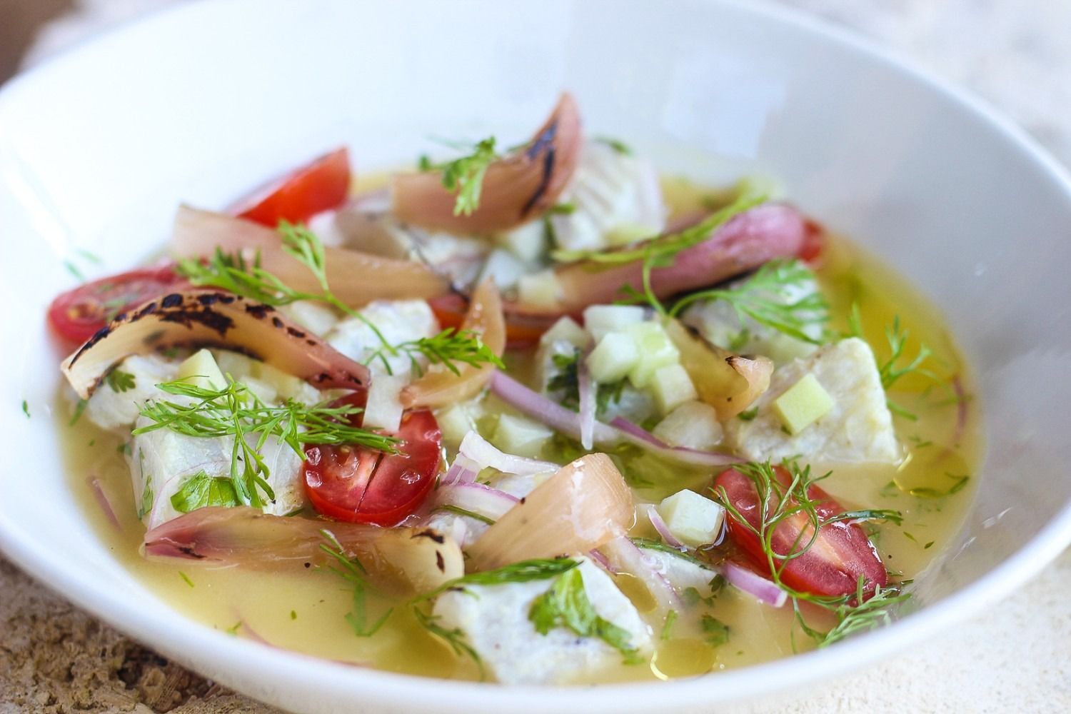 Fish ceviche with tomatoes, cucumber, red onion, and dill in a white bowl.