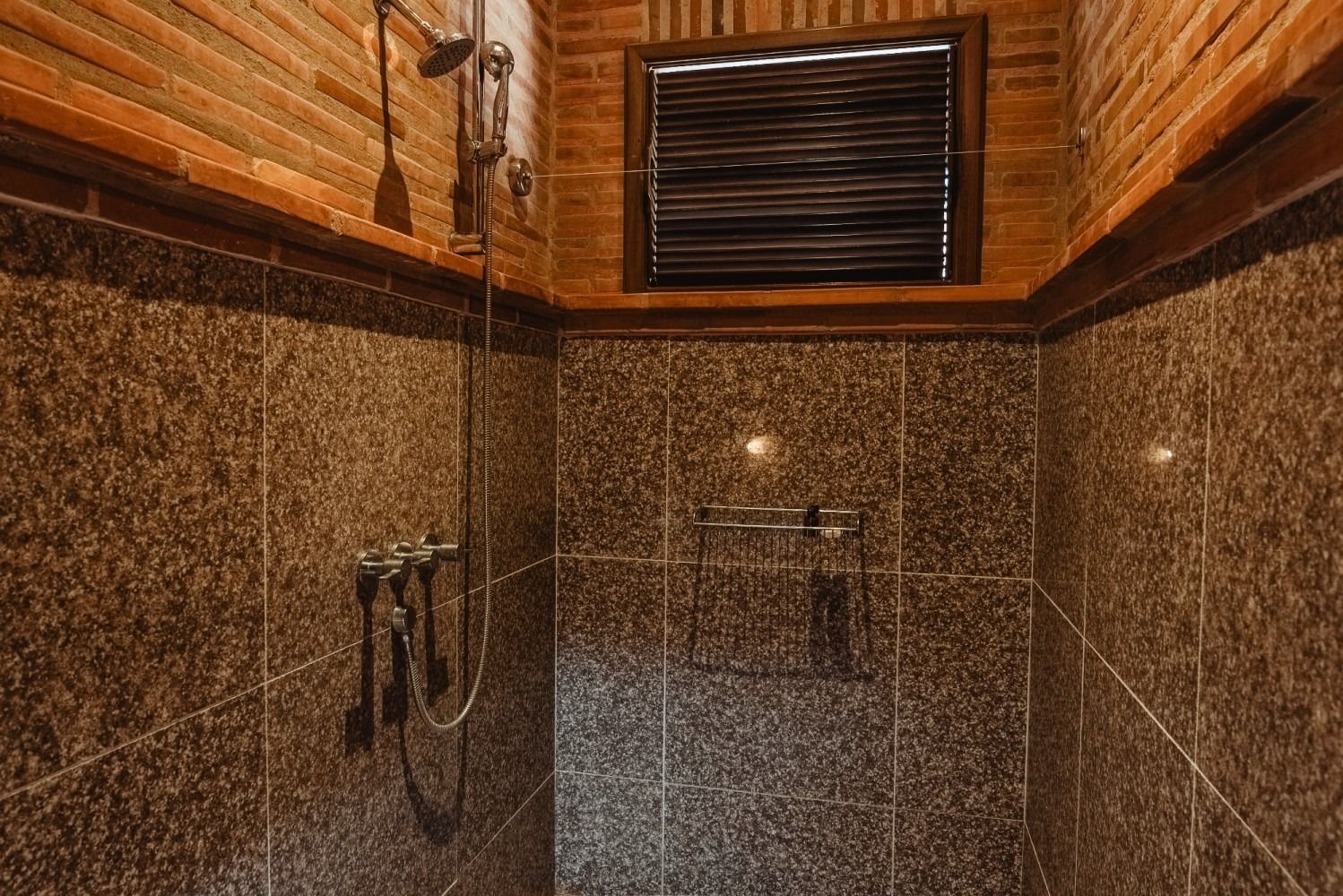 Shower stall with brown tiled walls and brick accents. Showerhead and window visible.