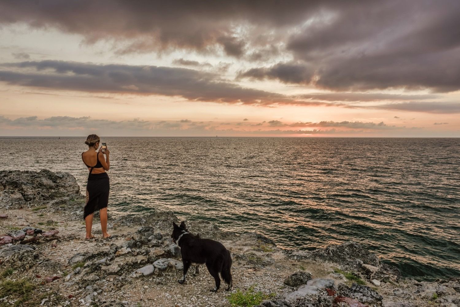 Woman and dog on rocky shore, gazing at sunset over the ocean.