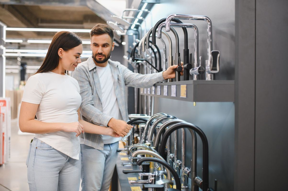 Couple shopping for faucets in a hardware store; man points to one while woman looks on. Couple shopping for faucets in a hardware store; man points to one while woman looks on.