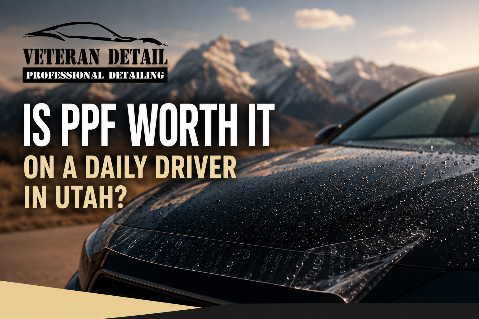 Luxury car with PPF film in mountains, text: “Is PPF worth it on a daily driver in Utah?”