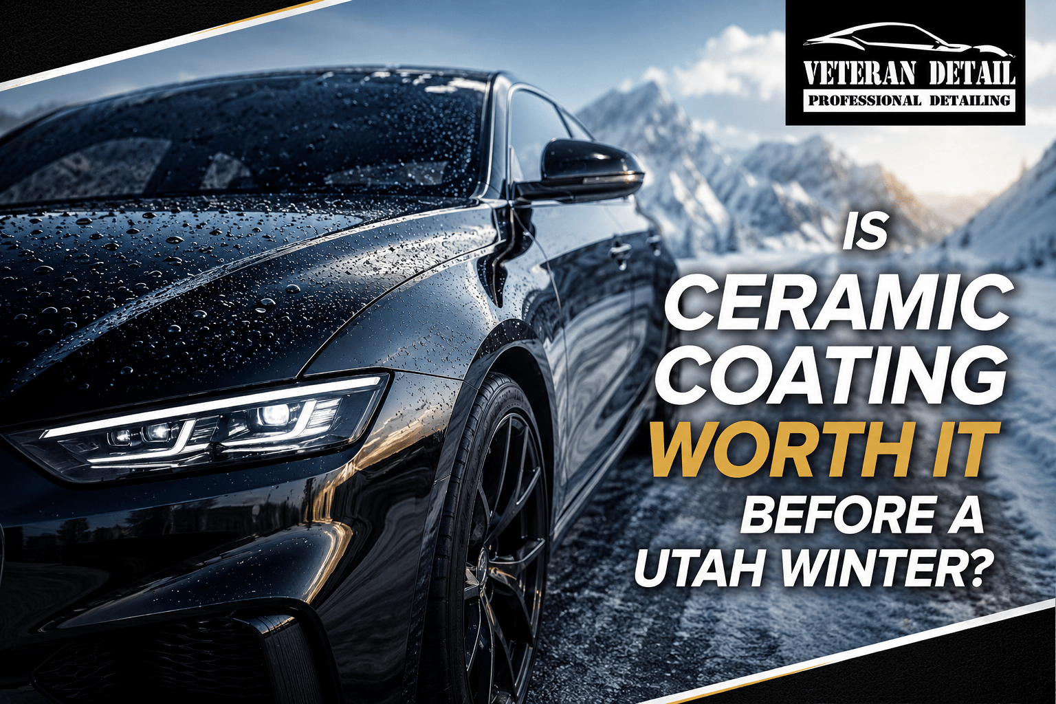 Black car being sprayed with water, with text promoting ceramic coating before Utah winter.