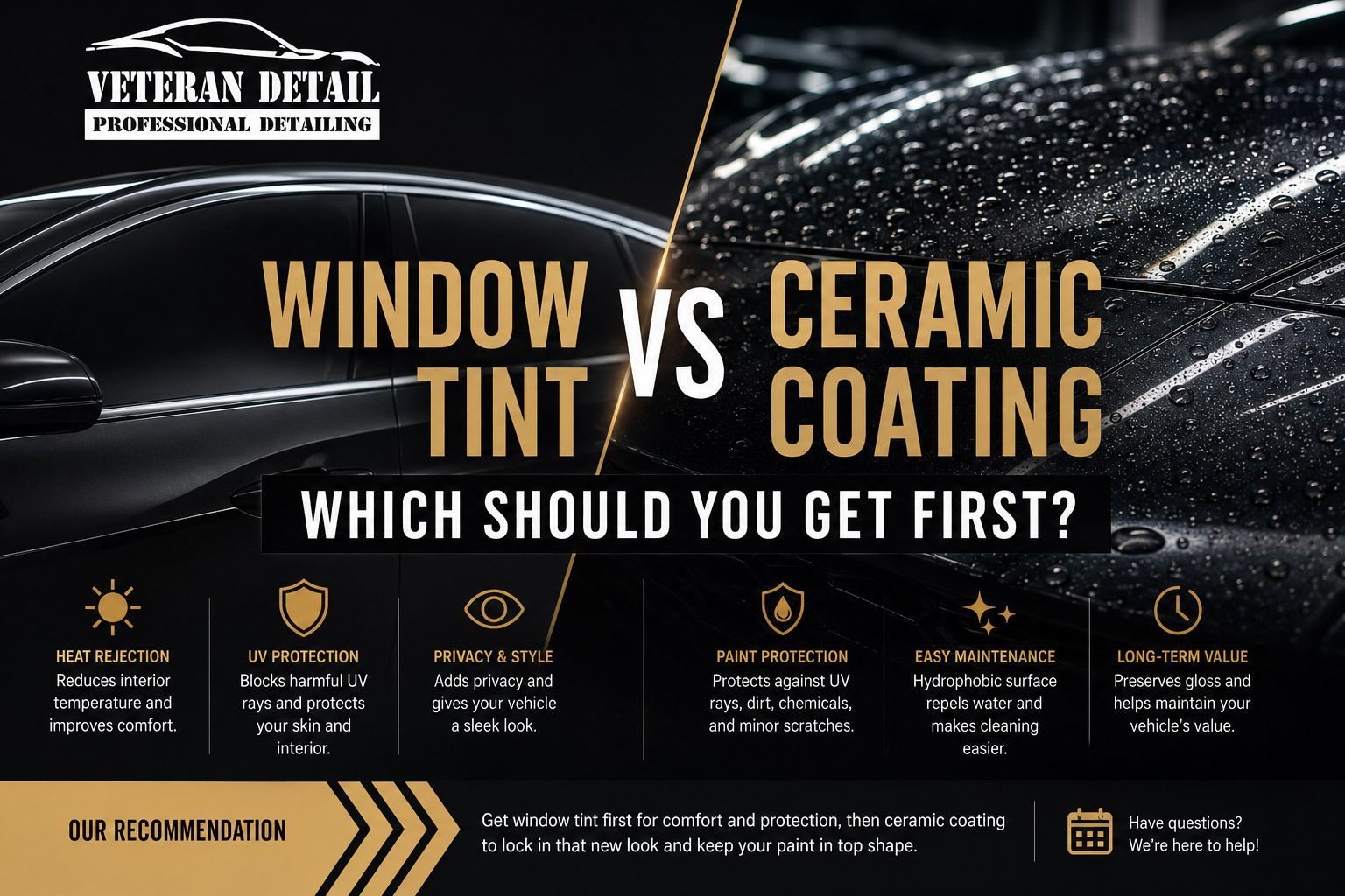 Black-and-gold infographic comparing window tint vs ceramic coating for car care, with feature icons and logos