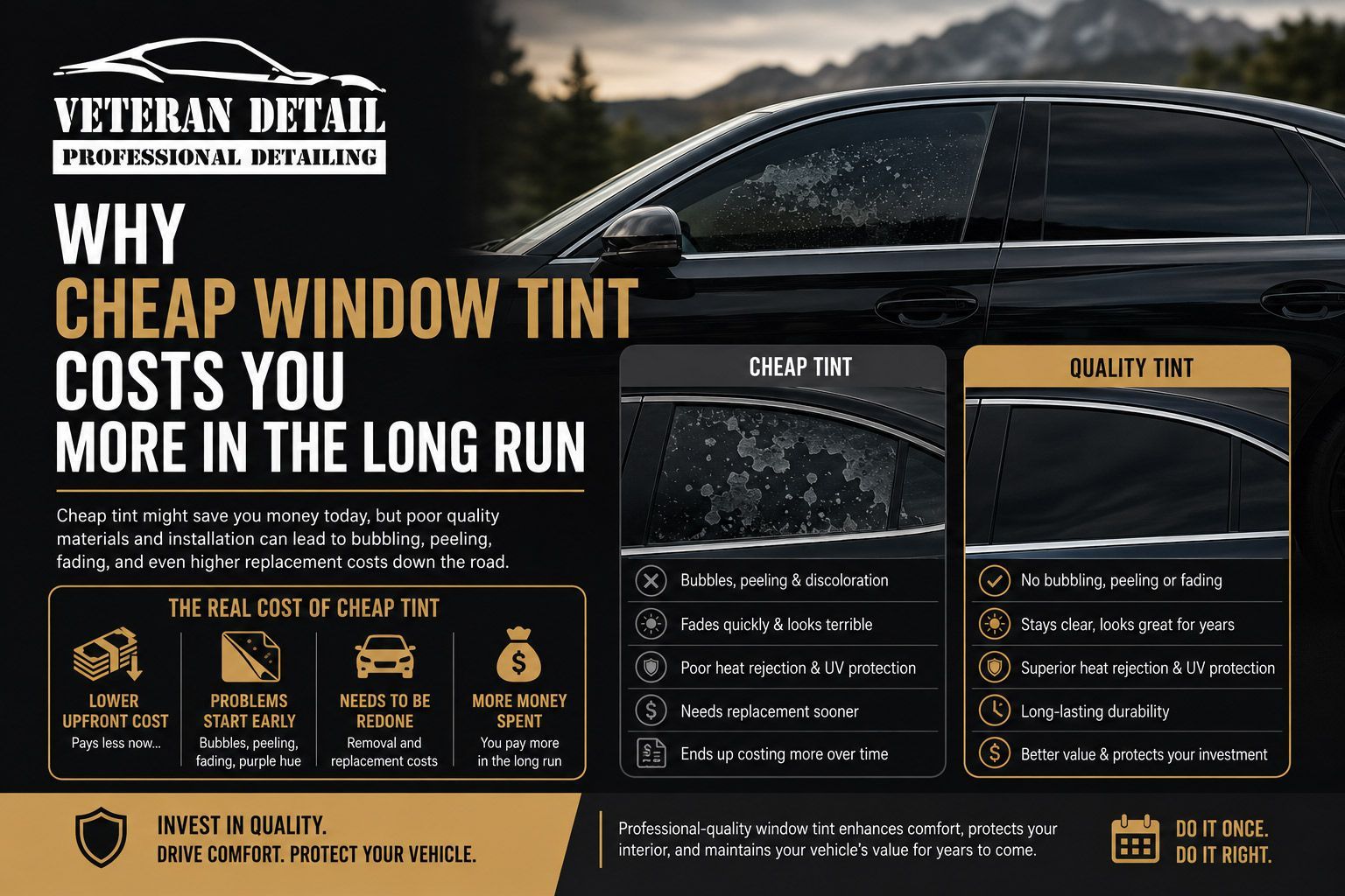 Veteran Detail ad: black car with tinted windows and headline, “Why cheap window tint costs you more in the long run.”
