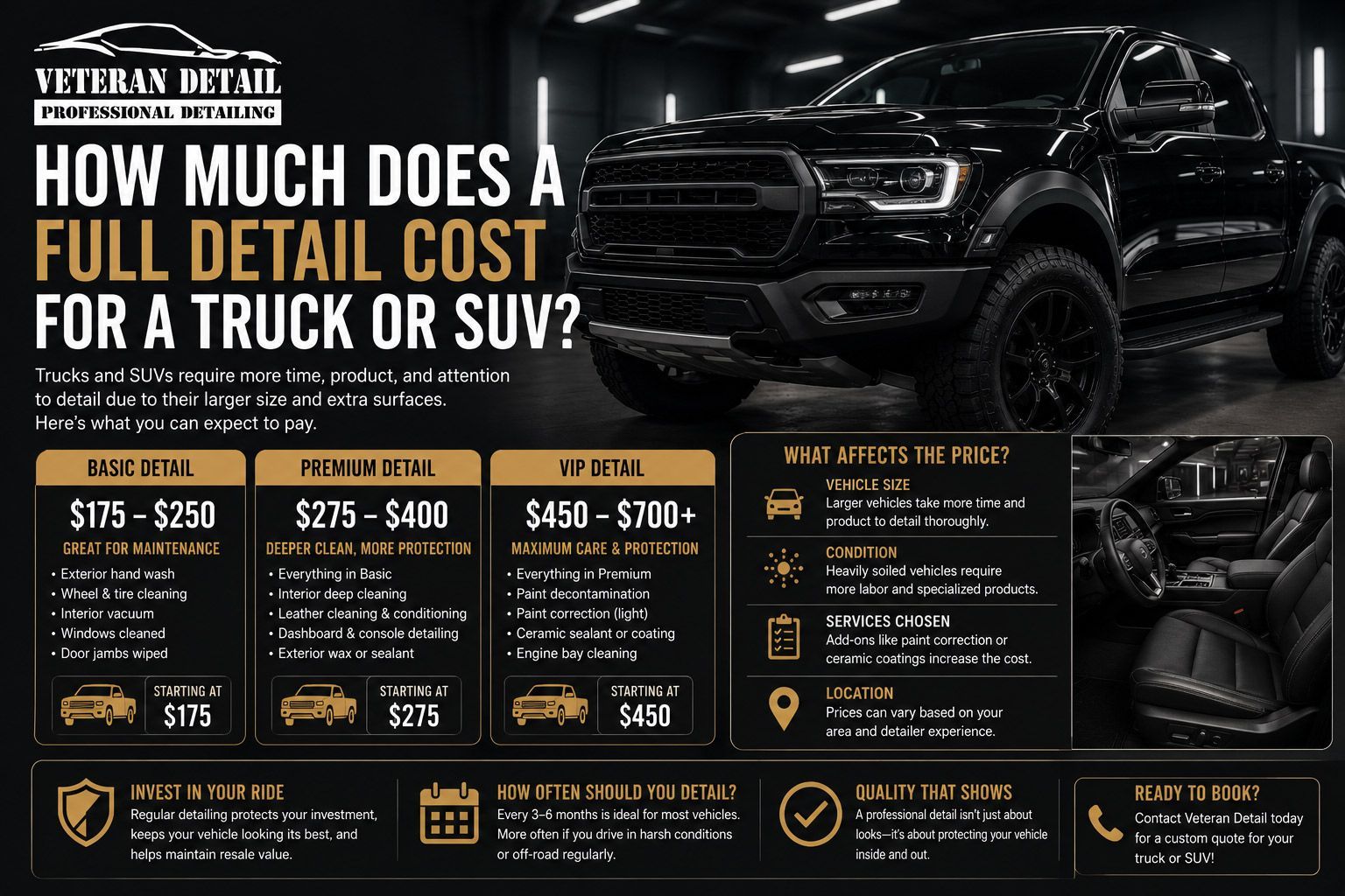 Dark auto detailing ad with black truck, pricing boxes, and service list on a black-and-gold layout