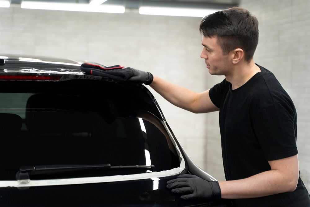 Person wearing gloves wiping a black car with a cloth in a garage.