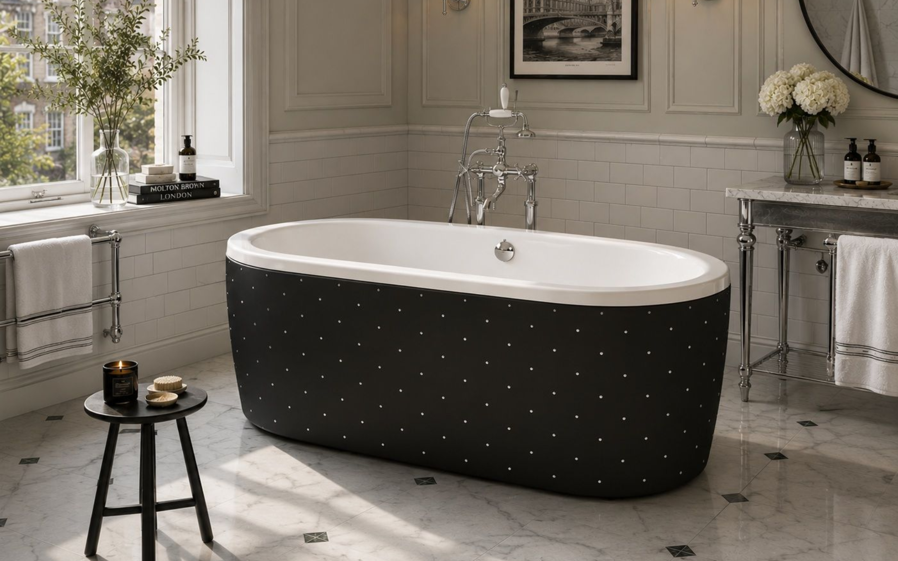 Baignoire London en forme de sac à main avec des clous sur tablier grain cuir noir