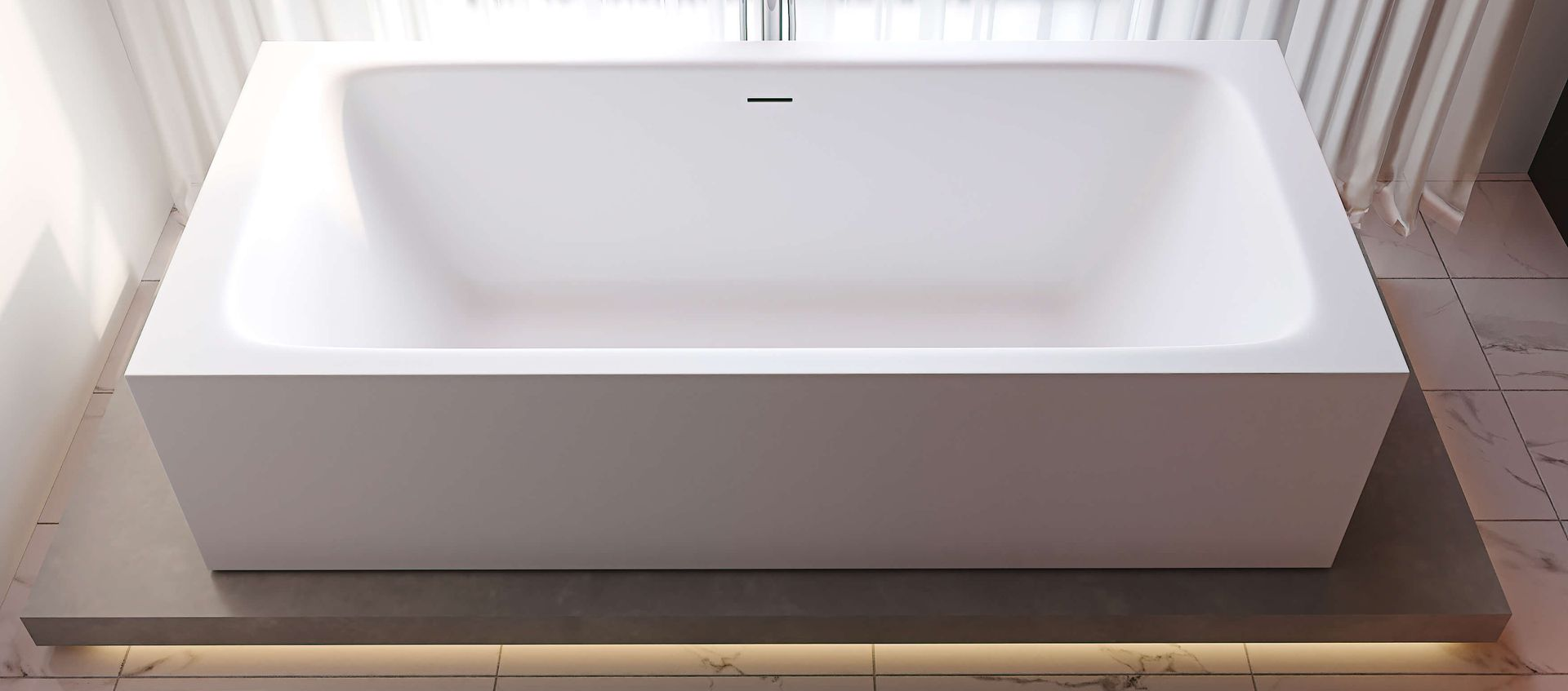 Baignoire rectangulaire en resine minerale solid surface. Tabliers avec joints invisibles au choix