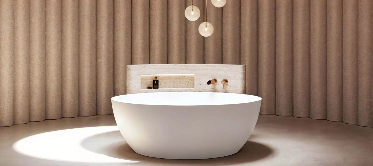 Baignoire îlot ronde à poser pour deux personnes. Résine solid surface blanc mat (Ø 160 cm)