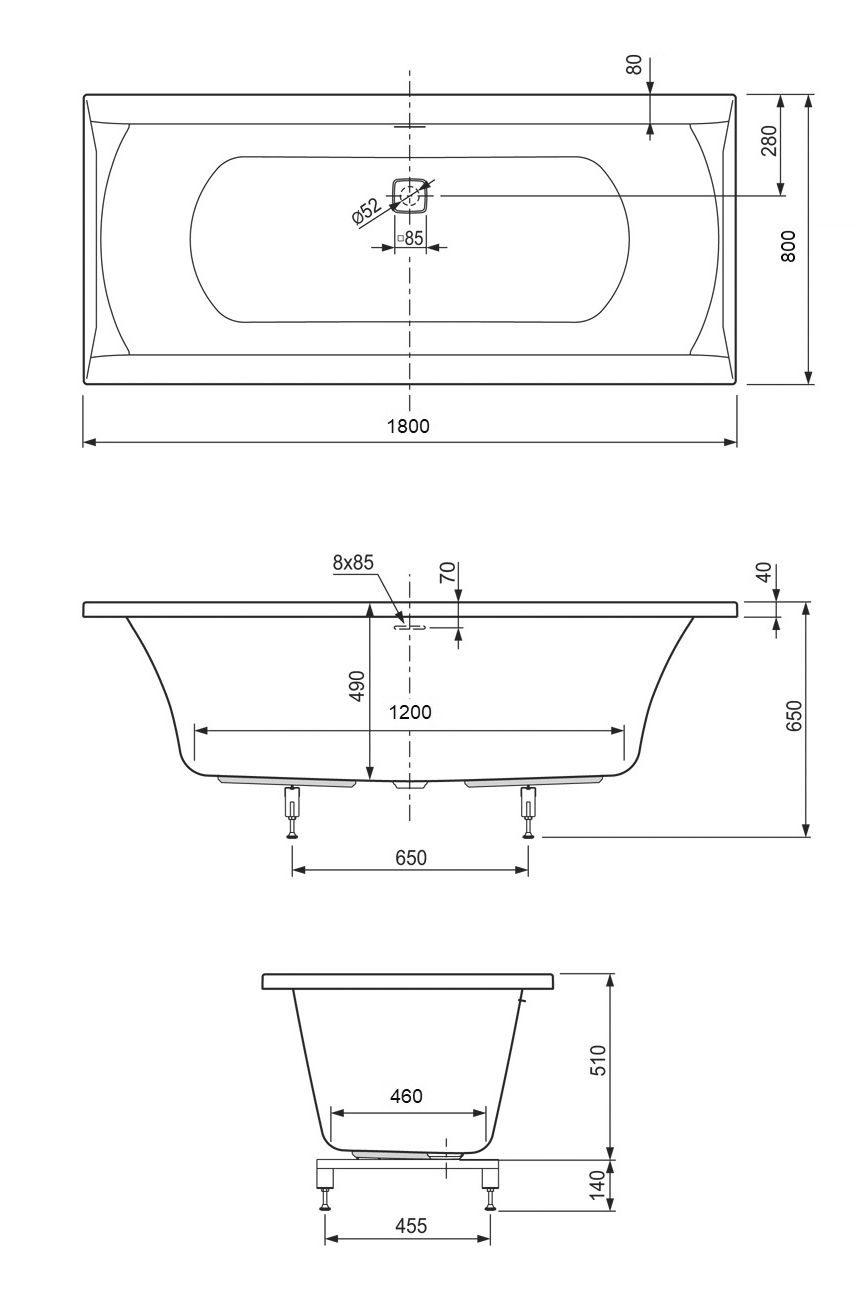 Schéma coté de la baignoire Utopia immersion