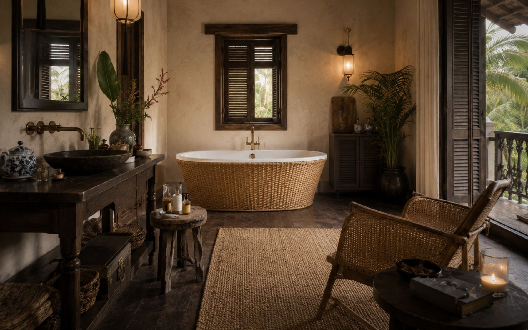Baignoire ilot Condor avec un habillage  tressé en  osier bois naturel balnc ou foncé