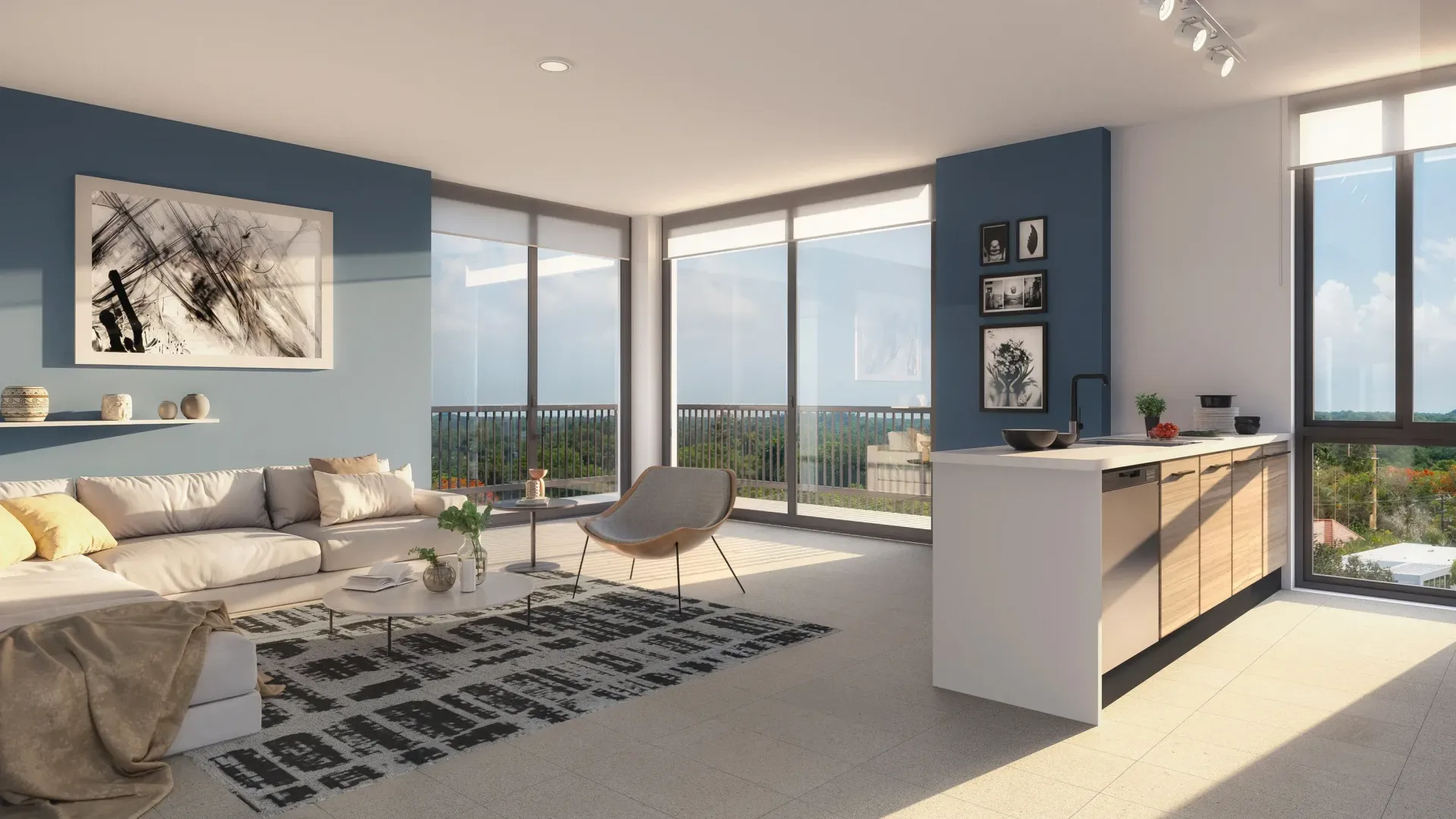 Bright modern living room with blue walls, large windows, white sofa, and city view