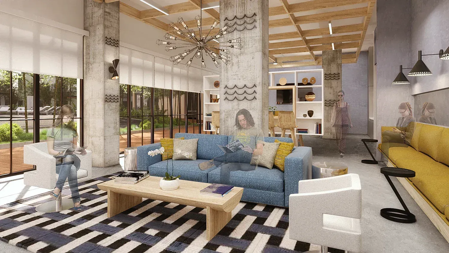 Modern open-plan living room with blue sofa, striped rug, large windows, and wood-beam ceiling
