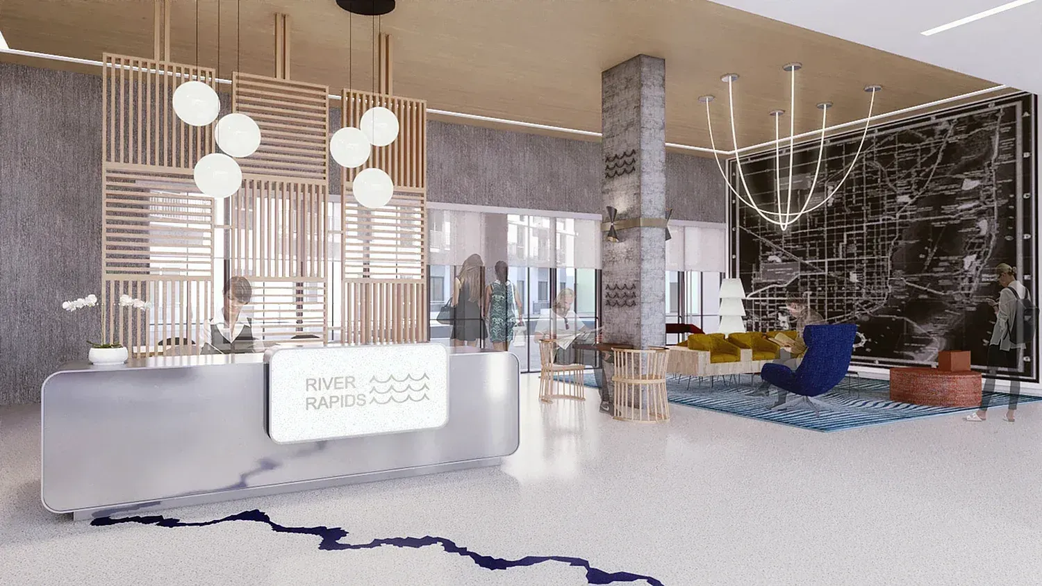 Modern lobby with white reception desk, hanging globe lights, and marble accent wall