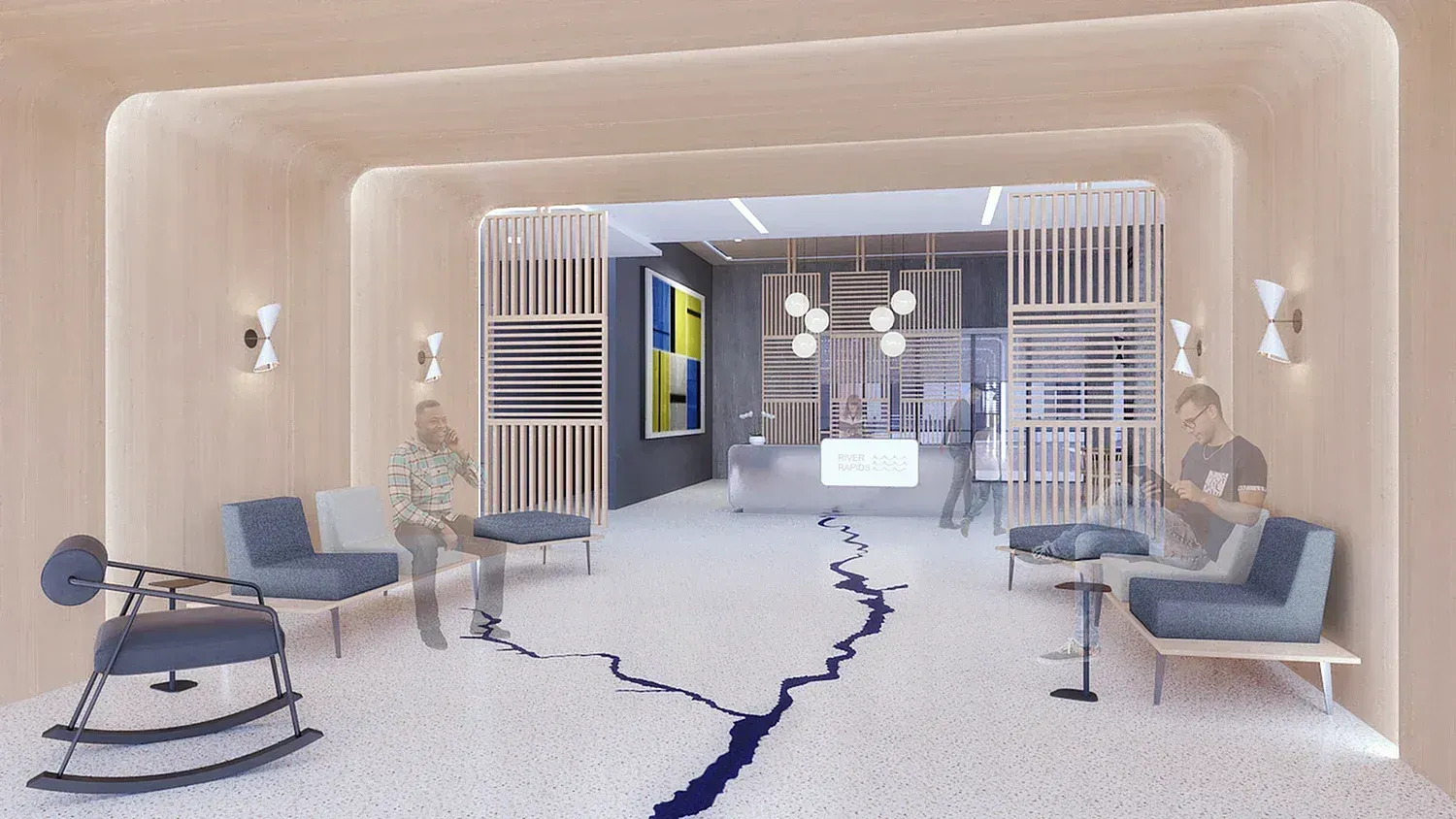 Modern lounge with blue chairs, rocking horse, and a central doorway in a beige, futuristic room.