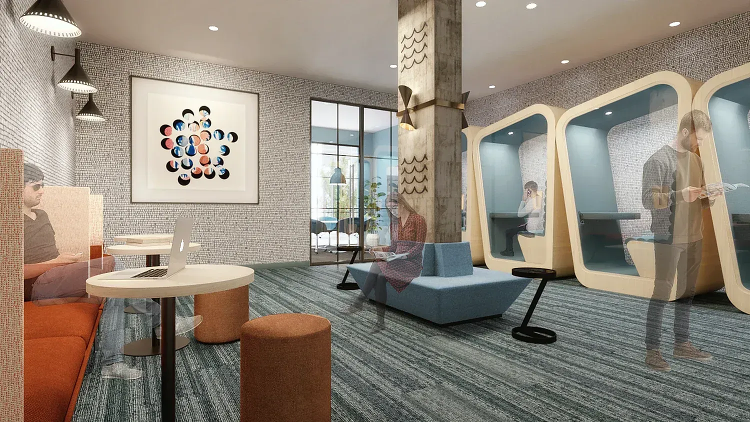 Modern office lounge with patterned walls, blue seating pods, and orange stools on a carpeted floor