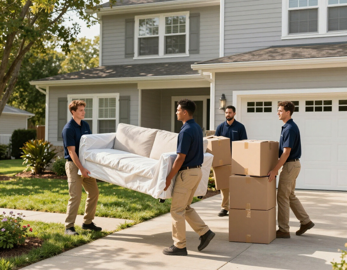 Four uniformed movers carry a white couch and stacked cardboard boxes toward a suburban house.