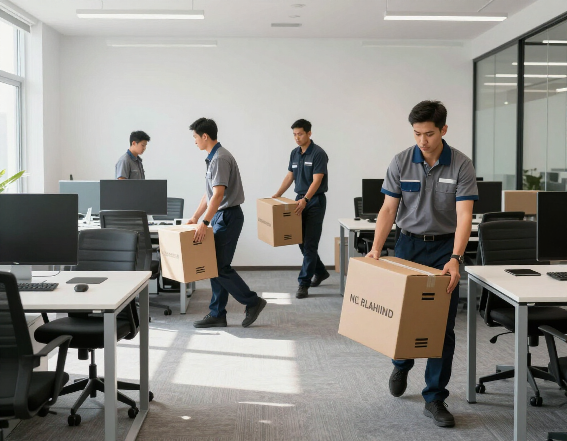 Four people in work uniforms carry cardboard boxes through a modern, open-plan office space.