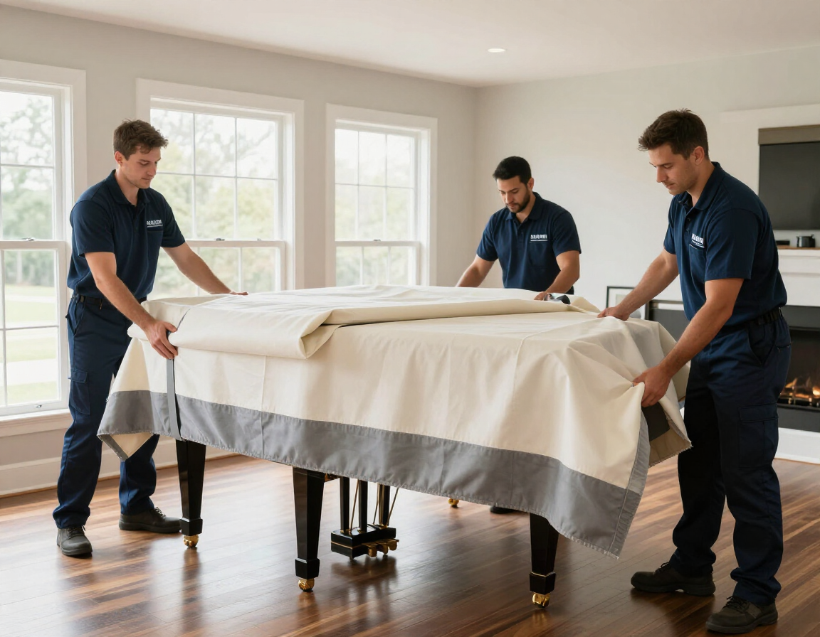 Three professionals in matching blue uniforms drape a padded moving blanket over a grand piano in a sunlit living room.