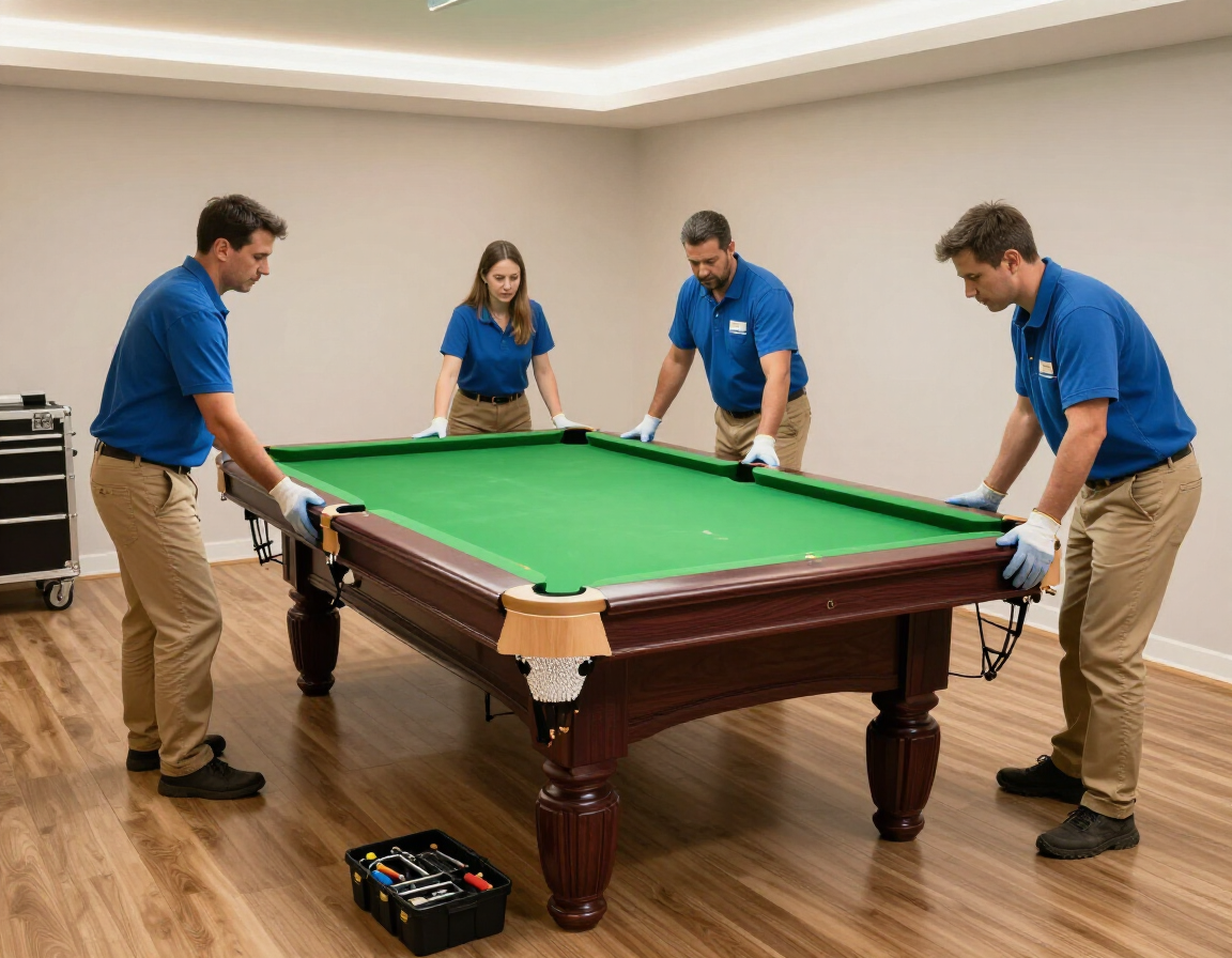 Four professionals in blue uniforms and gloves move a pool table in a room with light-colored walls and wood floors.