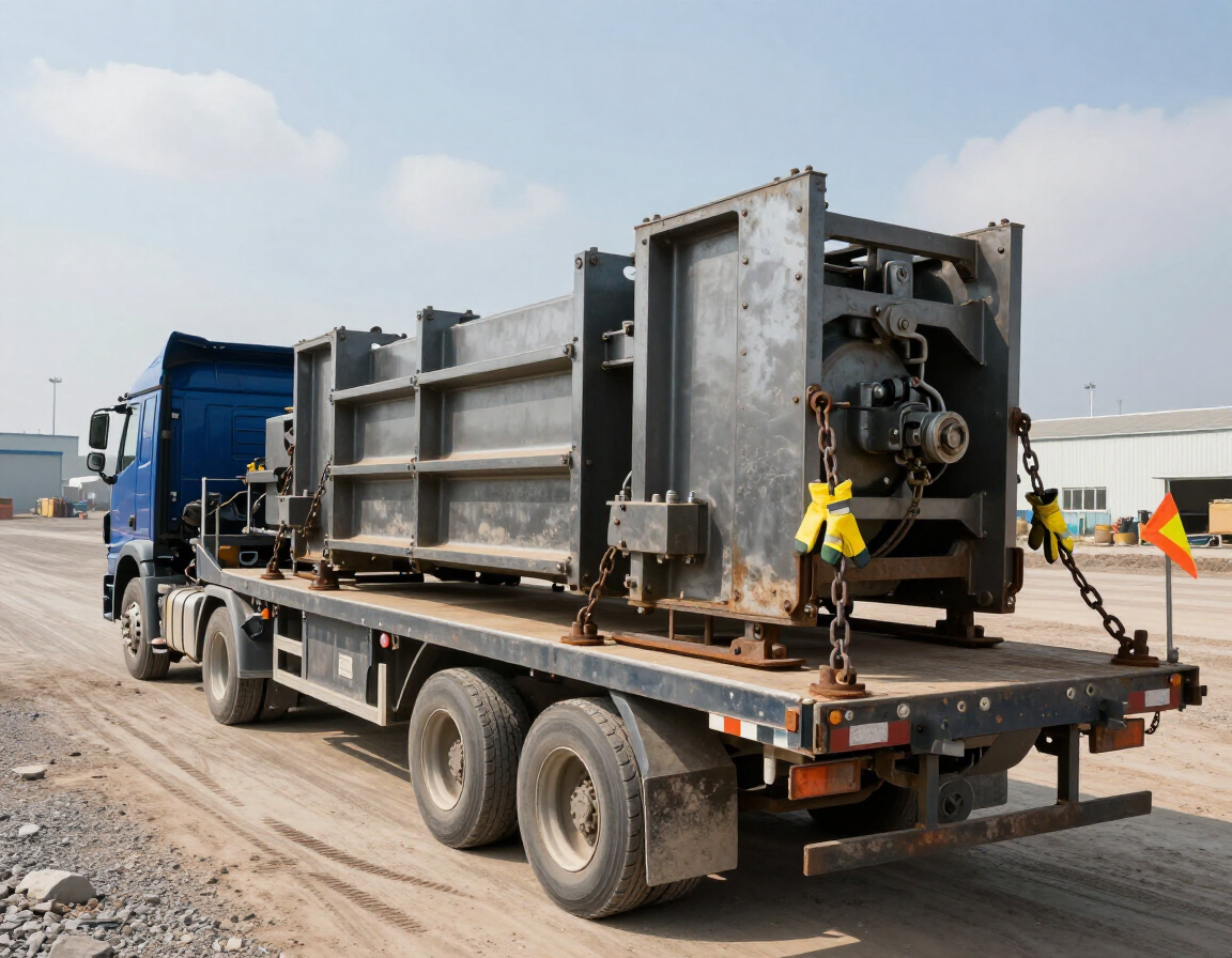 A blue semi-truck carries a large, industrial grey metal component on a flatbed trailer across a dirt lot.