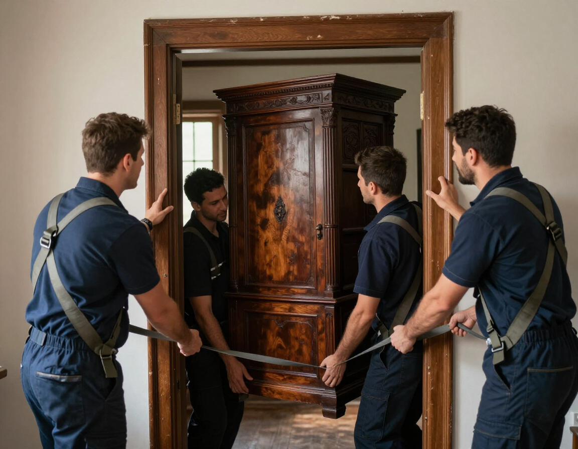 Four movers in matching blue uniforms use harnesses and straps to carry a large, dark wooden antique cabinet through a door.