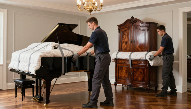 Two movers in matching uniforms prepare to transport a grand piano and a wooden armoire in a formal room.