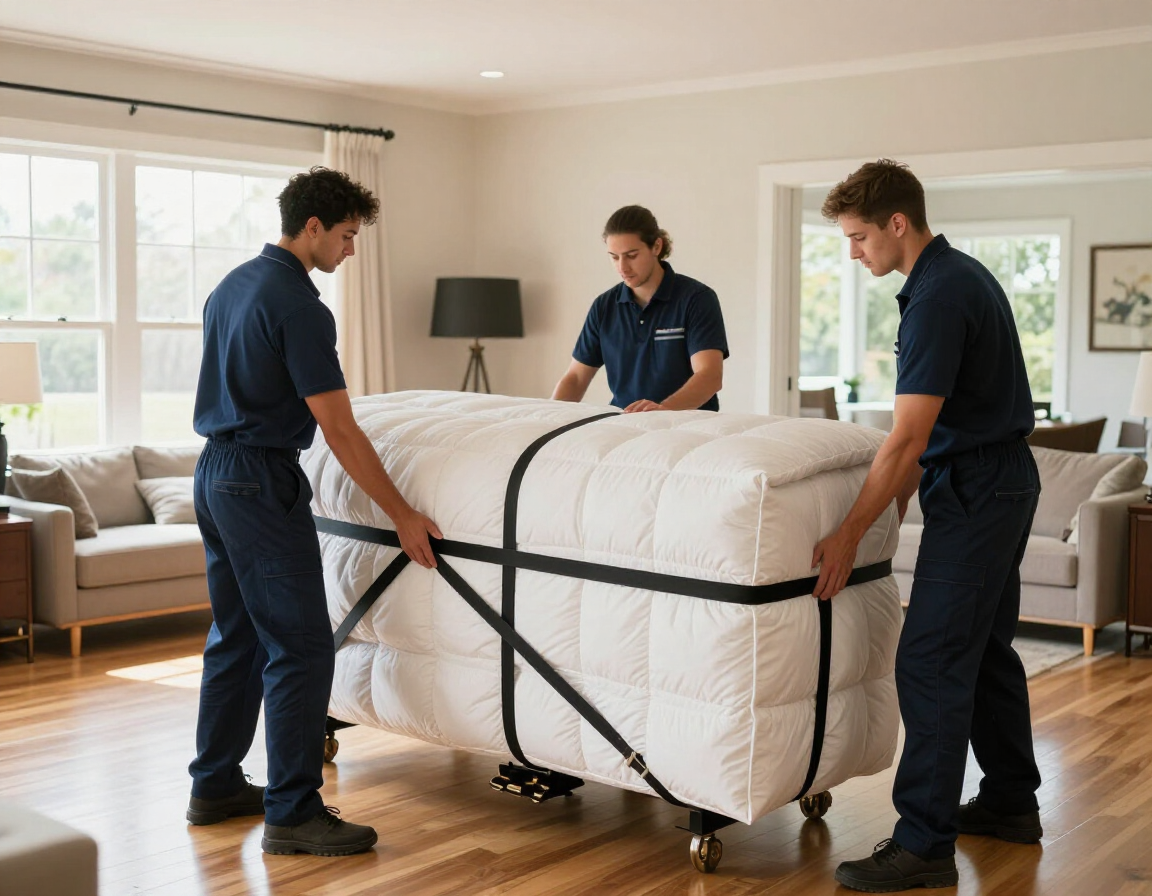 Three people wearing matching navy uniforms move a large, white, wrapped mattress on a dolly inside a home.