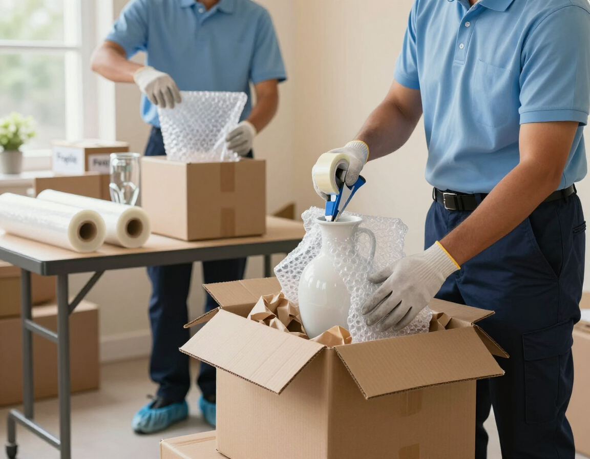 Two professional movers in blue uniforms pack items into cardboard boxes using bubble wrap and packing tape.