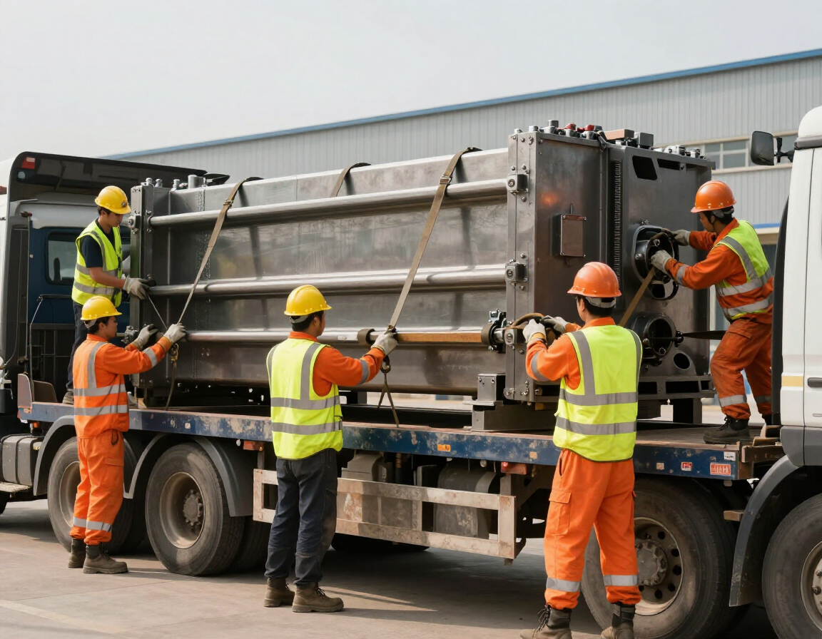 Four workers in high-visibility gear secure a large industrial metal piece onto a flatbed truck outdoors.