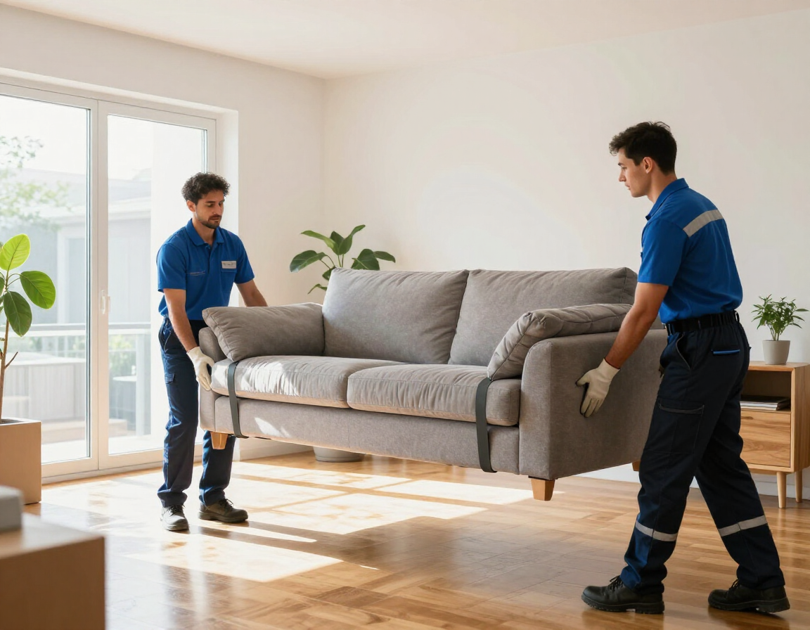 Two professional movers in blue uniforms carry a grey sofa across a bright, furnished living room.