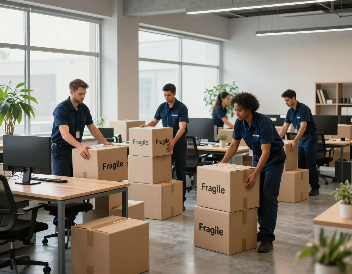 Four people in matching dark blue uniforms work together to pack cardboard boxes in a bright, modern office setting.