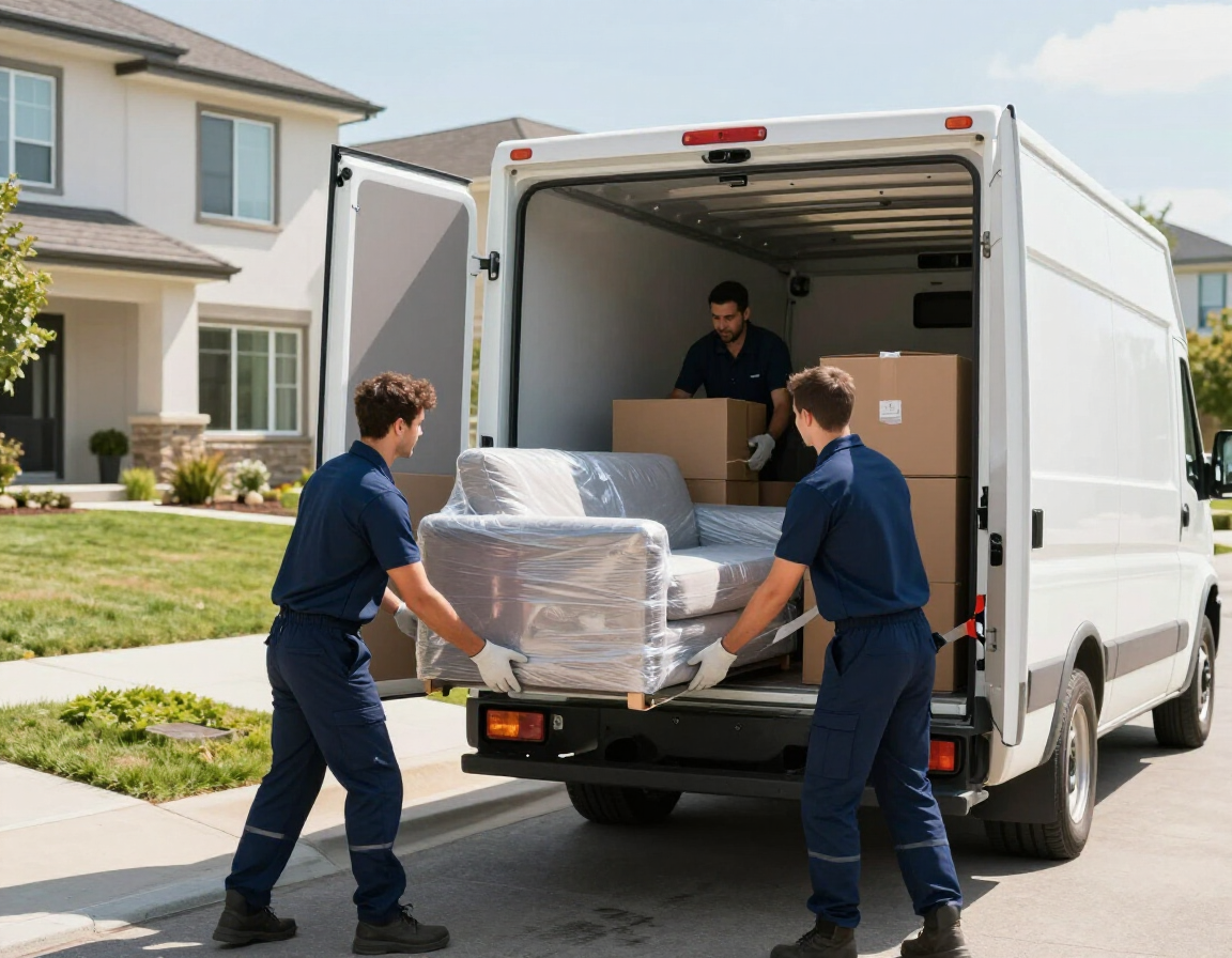 Two movers in dark blue uniforms load a plastic-wrapped sofa into the back of a white delivery van outside a suburban house.