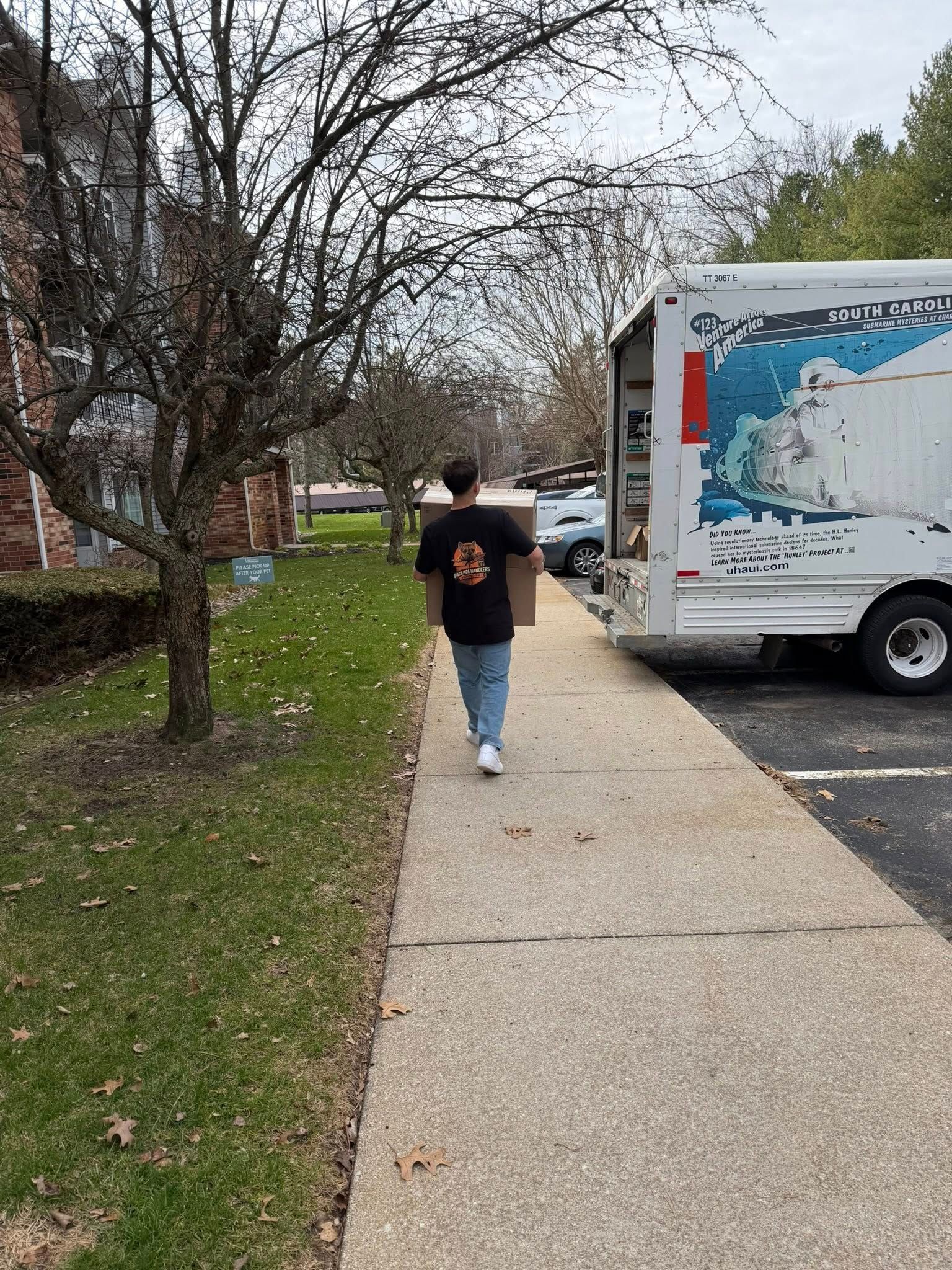 Person walking on a sidewalk beside a parked truck on an overcast street